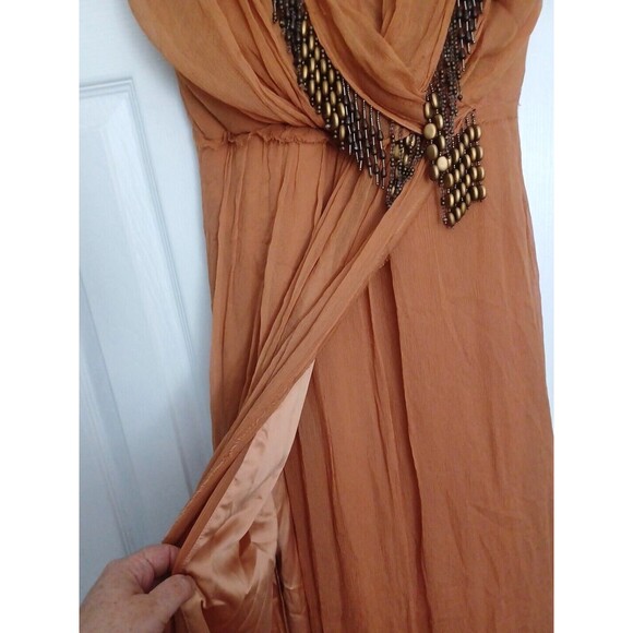 CRIS BARROS Long ORANGE  dress with SILK lining Beads antique inserts Size 38 - Picture 9 of 16